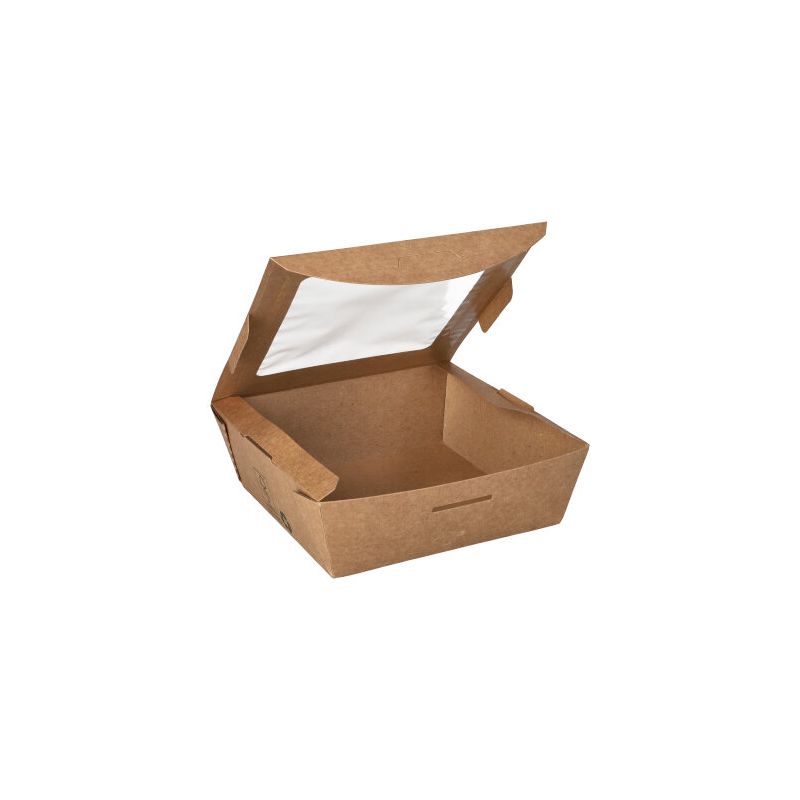 Feinkostboxen, Pappe mit Sichtfenster aus PLA eckig 650 ml14 x 14 cm x 4,5 cm braun "100% Fair" - Bild 1