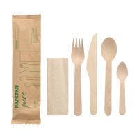 Bestecksets aus Holz "pure" : Messer, Gabel, Löffel, Kaffeelöffel, Serviette in Papierbeutel
