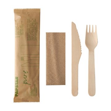 Bestecksets aus Holz "pure" natur : Messer, Gabel, Serviette in Papierbeutel