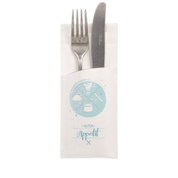 Bestecktaschen "Guten Appetit", 20 x 8,5 cm, weiss, inkl. weißer Serviette 33 x 33 cm 2-lag.