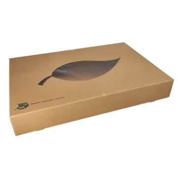 Catering-Kartons, Pappe "pure" 8 x 37,5 x 55,5 cm braun "100% Fair" mit Sichtfenster aus PLA