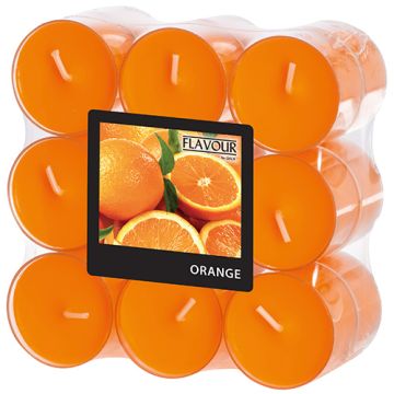 Duftteelichter, Orange, Ø 38 mm · 24 mm, "Flavour" in Polycarbonathülle