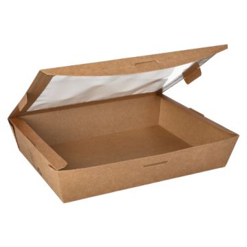 Feinkostboxen, Pappe mit Sichtfenster aus PLA "pure" eckig 1500 ml 18 x 22,5 x 4,5 cm "100% Fair"