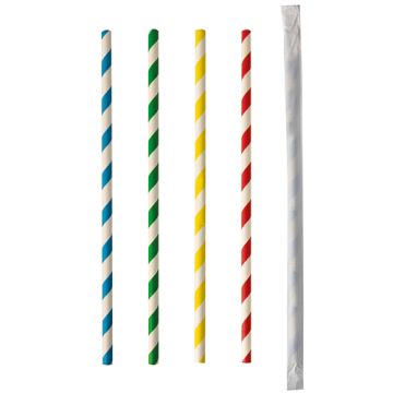 Papierstrohhalme Ø 6 mm · 20 cm, farbig sortiert "Stripes", einzeln verpackt 